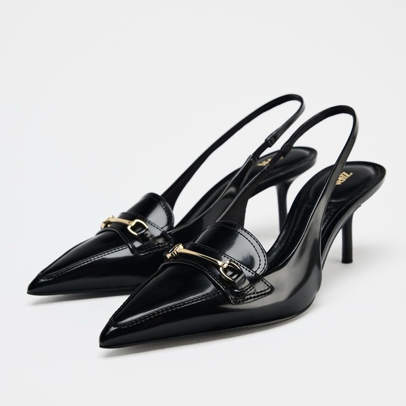 Zara Black Slingback Heels with Gold Buckle
